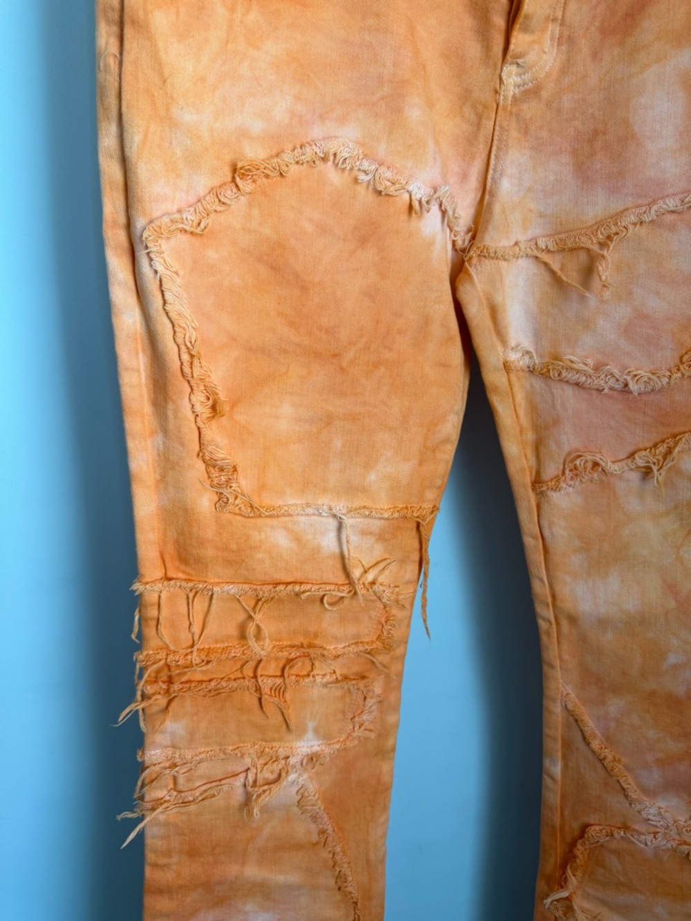 Valabasas Orange Tie Dye Distressed Patchwork Stacked Jeans Size 40 NWOT - Picture 3 of 9